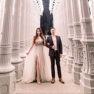 Evening dress gown gray slit